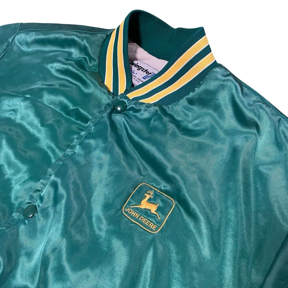 Vintage 90s John Deere Swingster Green Nylon Jacket L Made USA Satin Bomber Coat